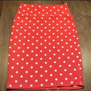 LuLaRoe Cassie pink skirt white polka dots